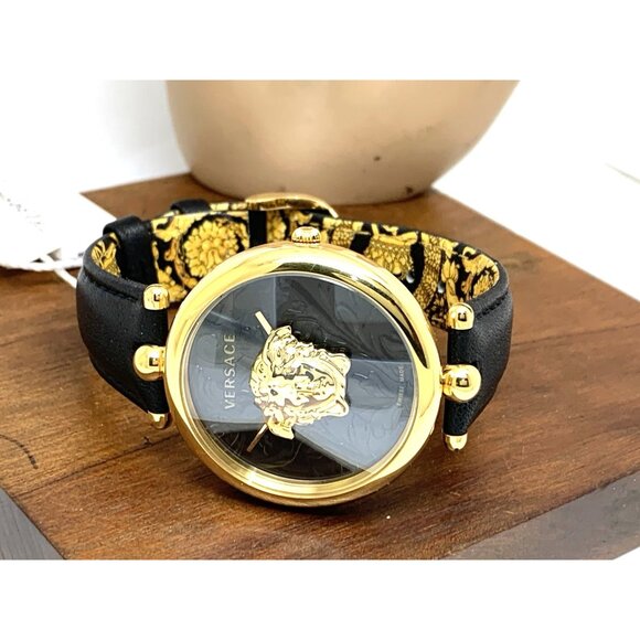 Versace Womens Watch VECO01420 Palazzo Swiss Quartz Gold Black Dial Leather Band - Picture 8 of 14